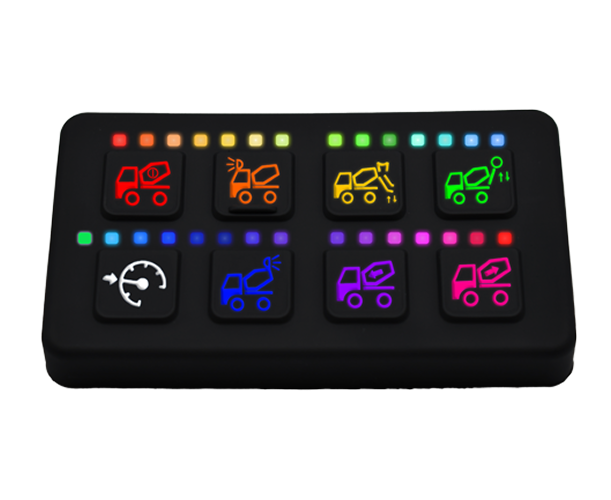 A rectangular black control panel with eight colorful, backlit buttons featuring various construction vehicle icons, each surrounded by multicolored indicator lights.