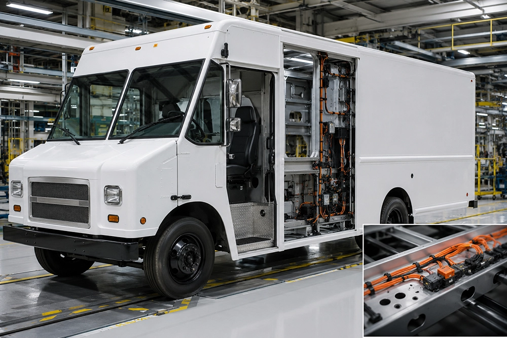 Unbranded walk-in van being assembled in a production environment.