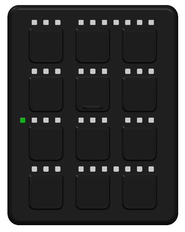 A black MIDI pad controller with 16 square pads arranged in a 4x4 grid. Each pad has four small gray squares above and below it, and a single green indicator light is lit up in the top row, second pad from the left.