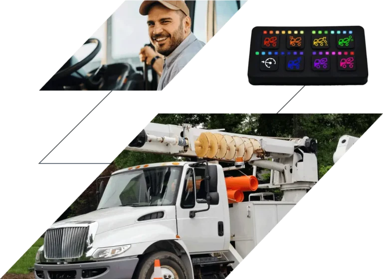 A collage featuring a smiling man in a cap, a control panel with colored buttons, and a large white utility truck with hydraulic equipment and pipes.