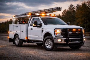 service work truck with lights on and ladder