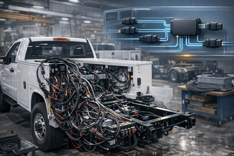 show wiring complexity as a production bottleneck, with a cleaner modern architecture concept as the contrast