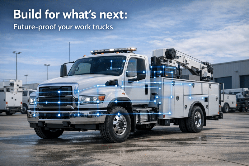 a modern vocational service truck with a blue digital CAN-bus network overlay line connecting the cab, truck body, control modules, lighting, auxiliary equipment, and service body compartment