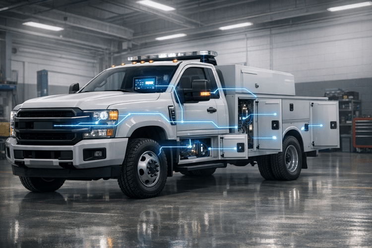 work truck in shop showing CAN architecture and display screen for diagnostics