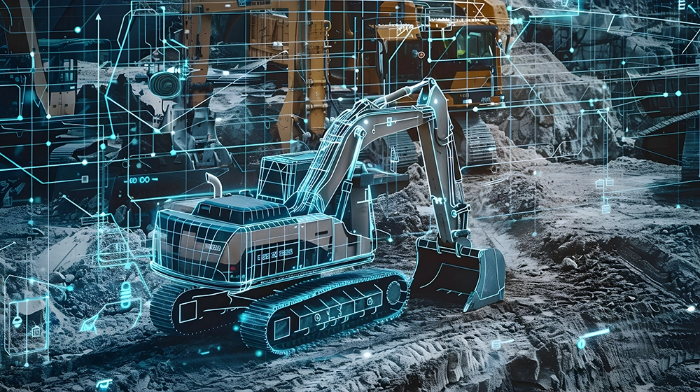 a hologram grid placed over an excavator showing a connected architecture