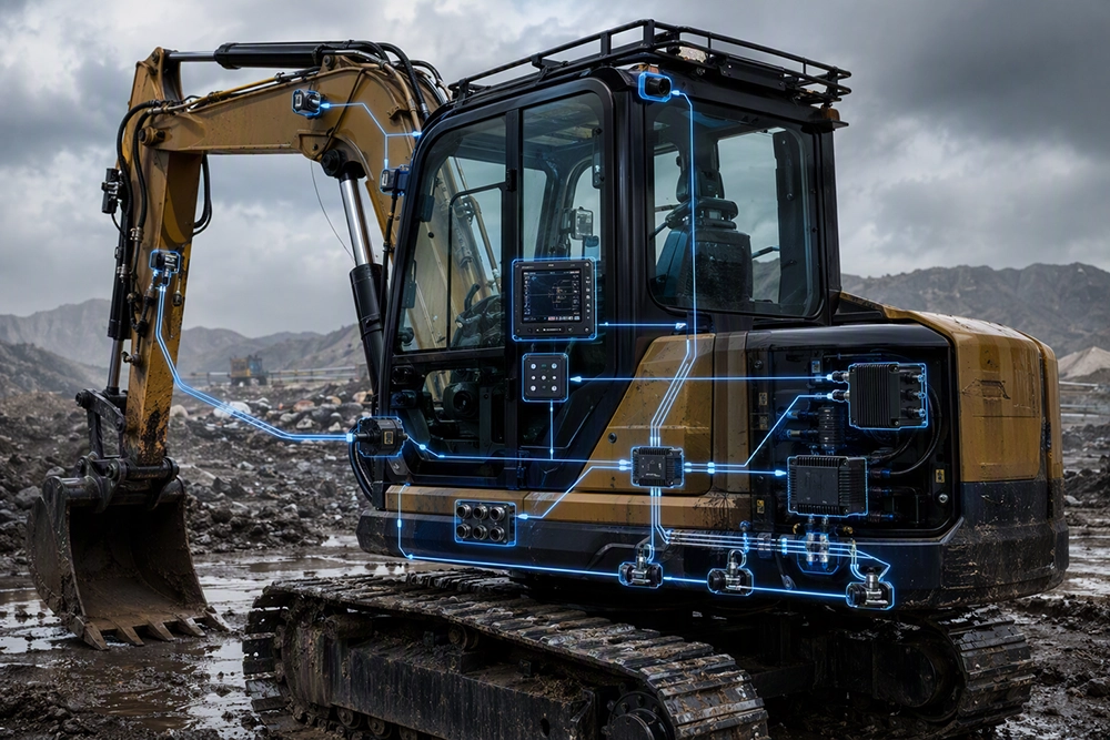 CAN-based control architecture diagram overlaid on construction equipment