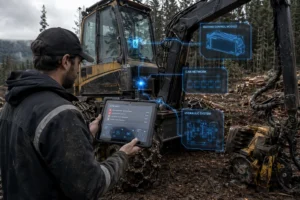 technician running diagnostics on forestry equipment