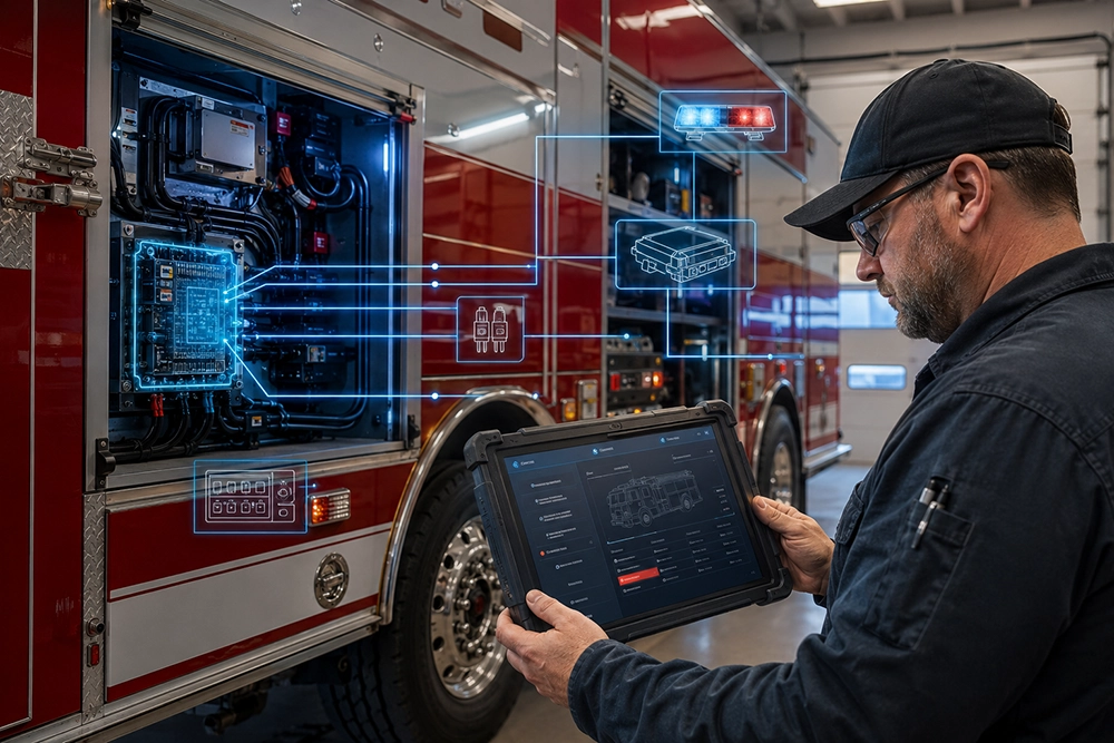 technician diagnosing an emergency vehicle