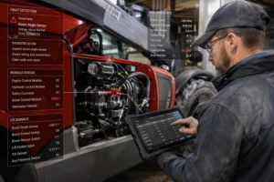 Technician using technology to diagnose a lifting machine