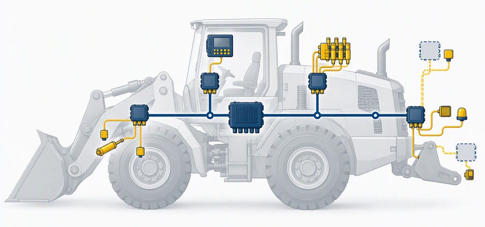 Wheel loader with a shared CAN backbone connecting distributed I/O modules to controls, hydraulics, sensors, and optional attachments.