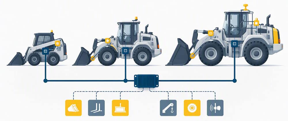 Three off-highway machine sizes connected by a shared control-system backbone with configurable modules and attachments.