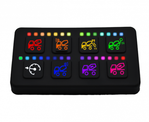 A rectangular black control panel with eight colorful, backlit buttons featuring various construction vehicle icons, each surrounded by multicolored indicator lights.